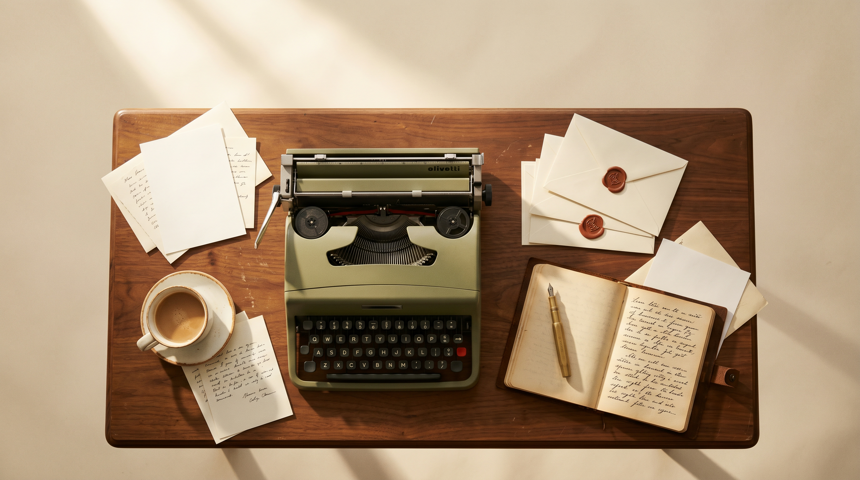Wide writer's desk overhead — vintage Olivetti typewriter, three stacked terracotta wax-sealed envelopes, leather notebook, brass pen, coffee cup, warm afternoon light