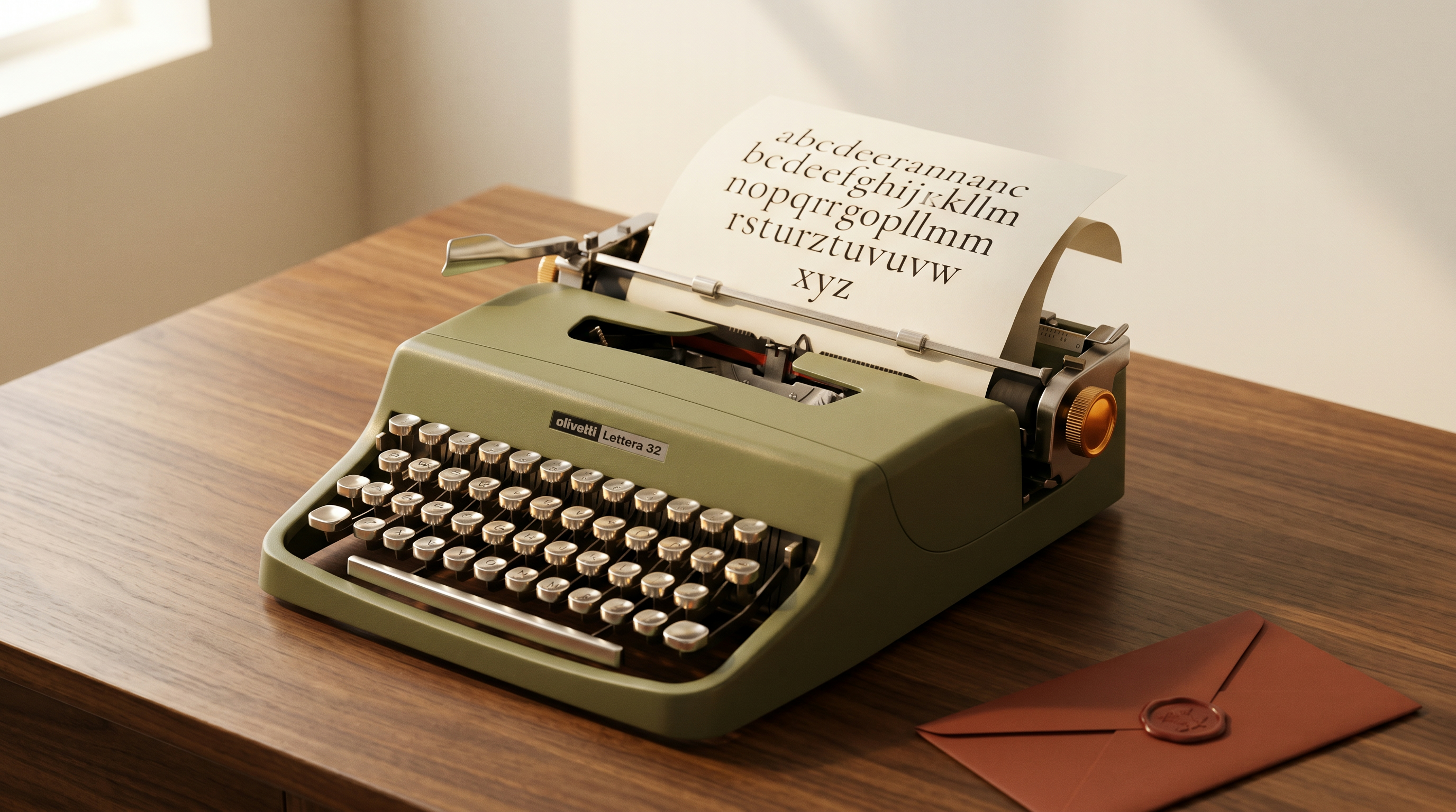 Oh Boiler — vintage Olivetti typewriter on walnut desk with cream paper and wax-sealed envelope