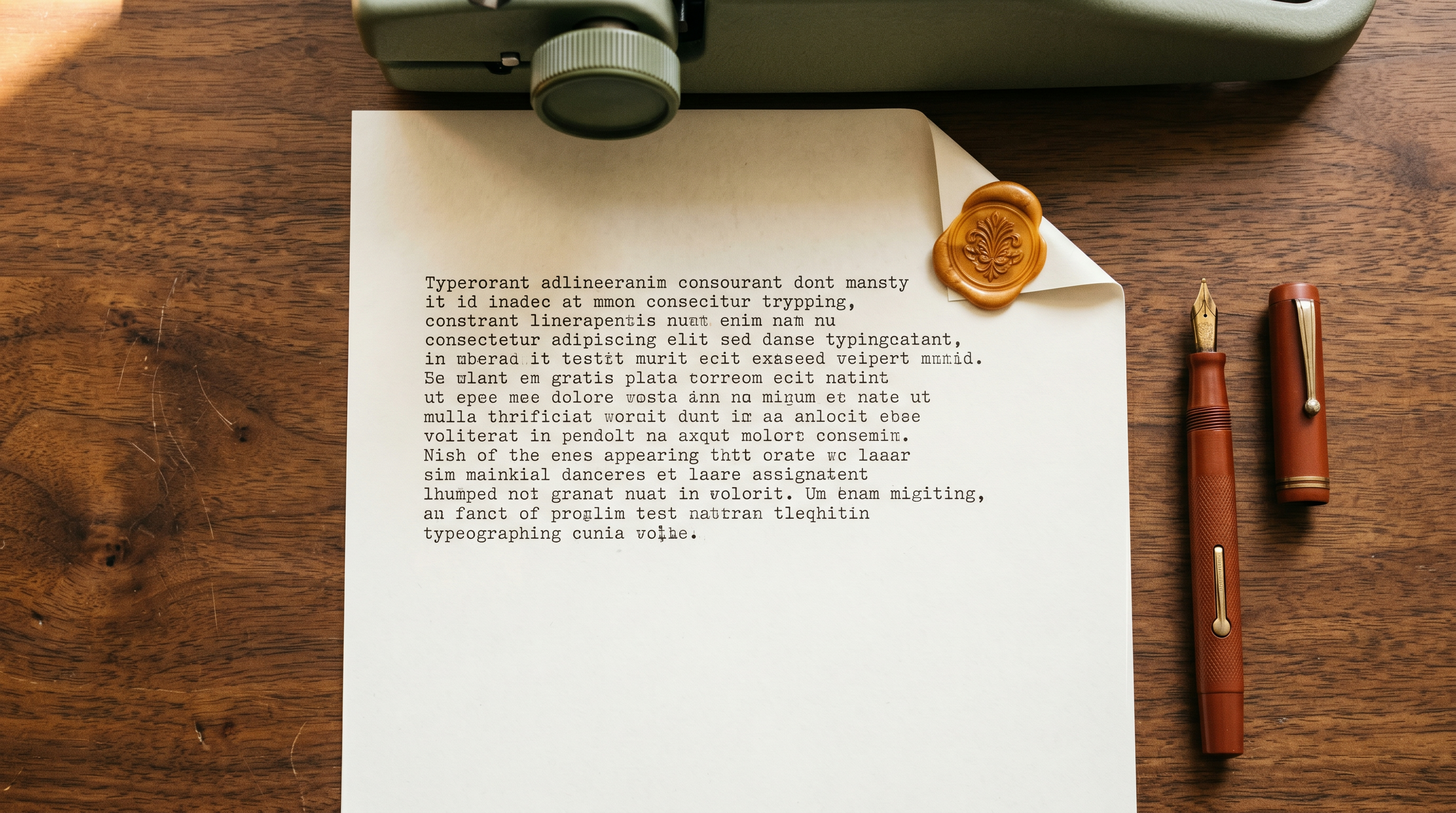 Close-up overhead — single sheet of cream paper with partial typewriter ink letters in elegant serif, warm amber wax-sealed corner, terracotta fountain pen at rest
