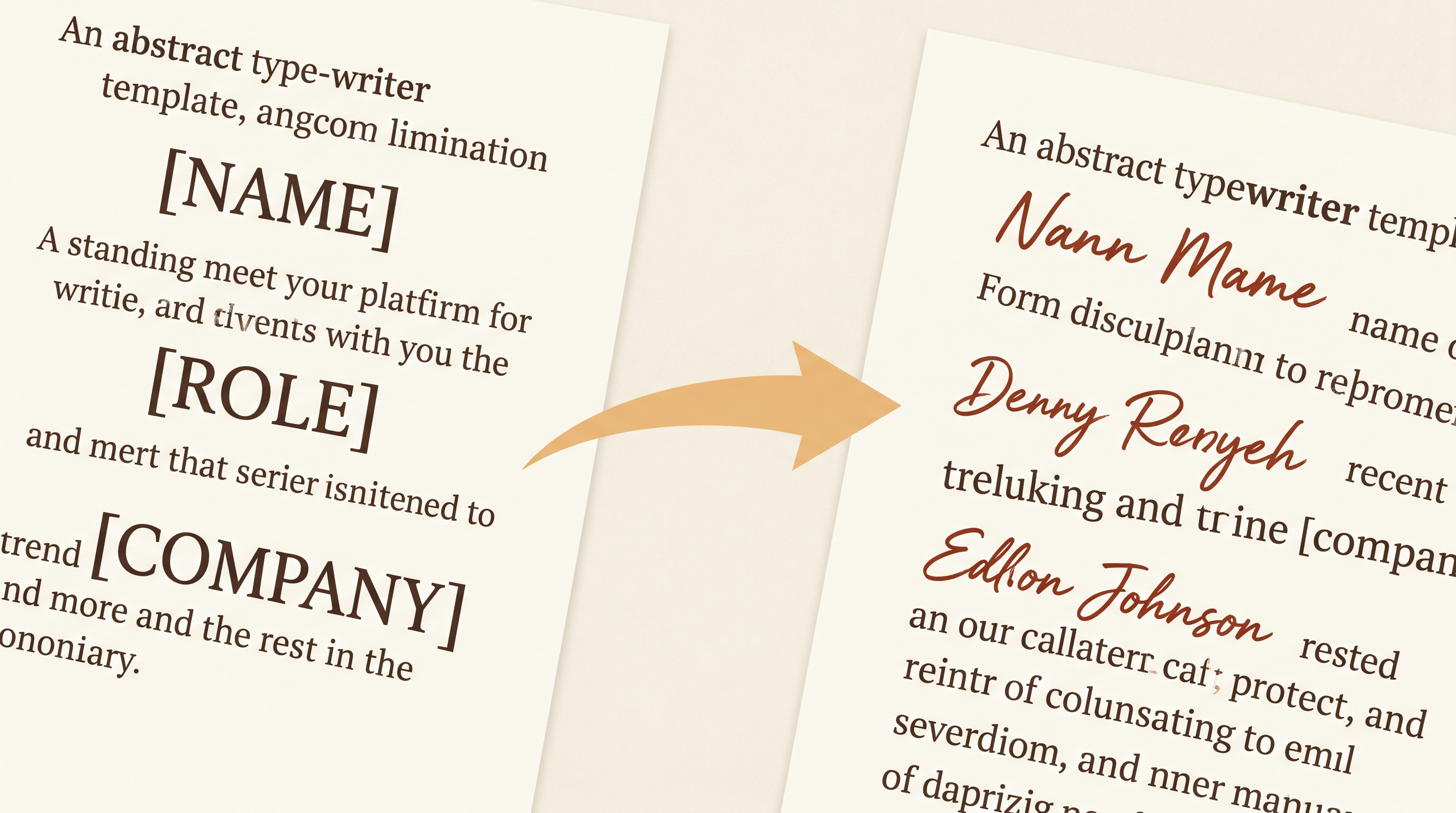 Variable substitution metaphor — left, a template page with [NAME], [ROLE], [COMPANY] placeholders in serif type; warm amber arrow; right, the same page with handwritten names in terracotta ink