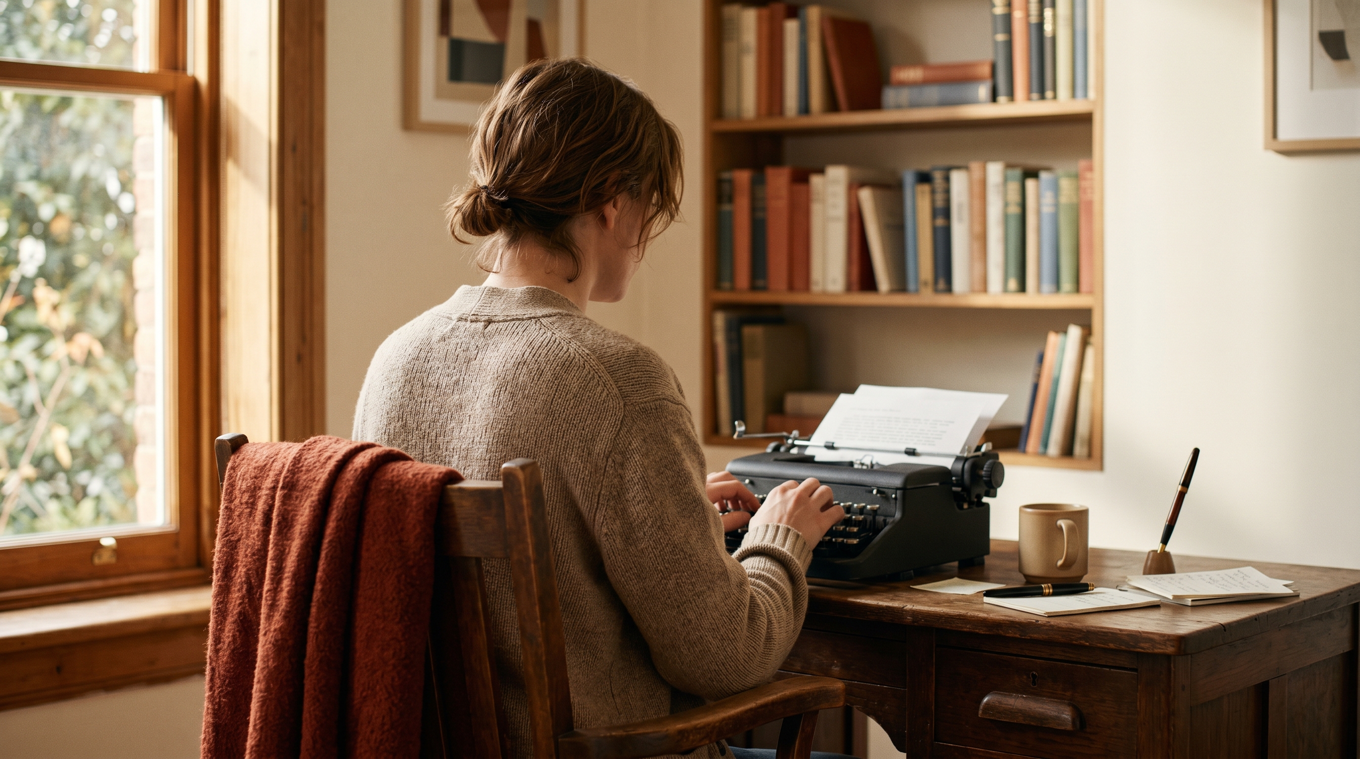 Over-the-shoulder portrait of a writer at a vintage walnut desk with a typewriter, warm afternoon light spilling from a tall window